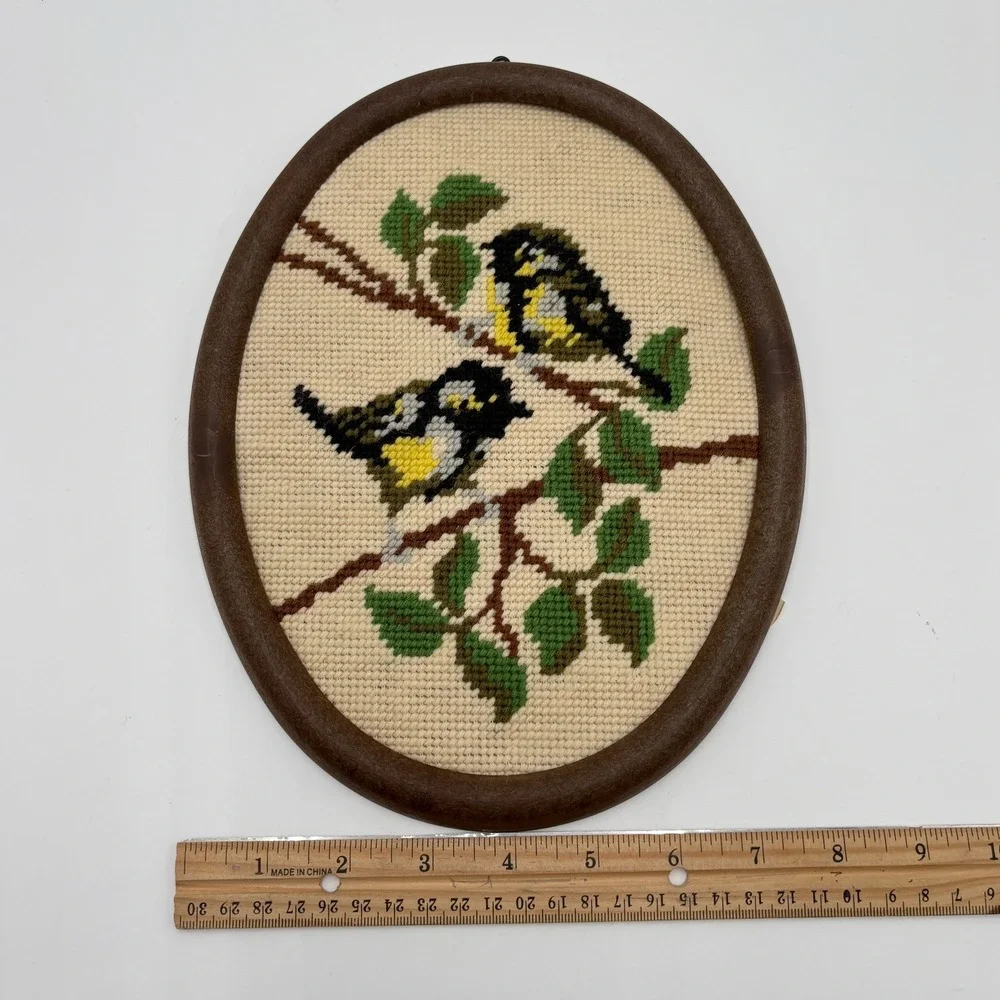Vintage 1988 Handmade Needlepoint Bird Art Oval Frame Two Great Birds 8 x 10